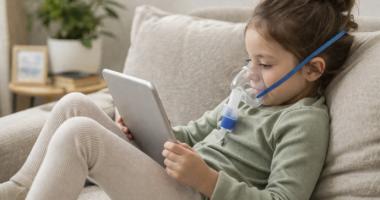 Niña recibiendo tratamiento respiratorio en casa mediante nebulizador dentro de un programa de hospitalización domiciliaria 